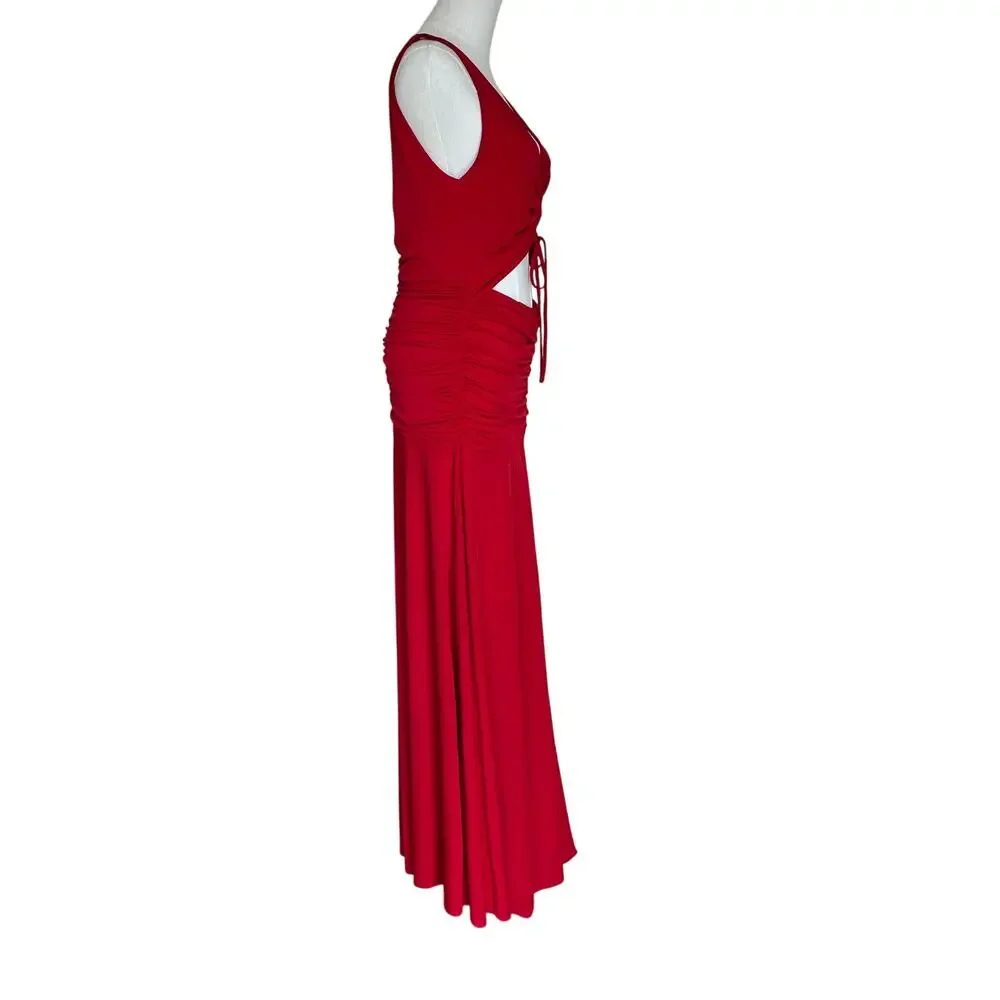 Zac Posen Red Cutout Waist Maxi Dress Size 10 Jersey Ruched Gown Designer $550 - Picture 9 of 11